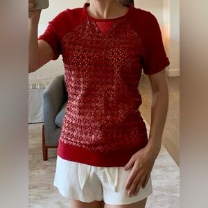 Red Authentic Leather and Linen Textured Blouse with Black Zipper